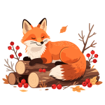fox, sleeping fox, autumn forest, leaves fall, cute animal, woodland, red fox, cozy scene, wildlife illustration, orange fur, character design, animal art, fall decor, peaceful fox, forest floor, cartoon style, adorable fox, rustic, warm colors, woodland animal, harvest season, calm mood, autumn vibes, ai generated